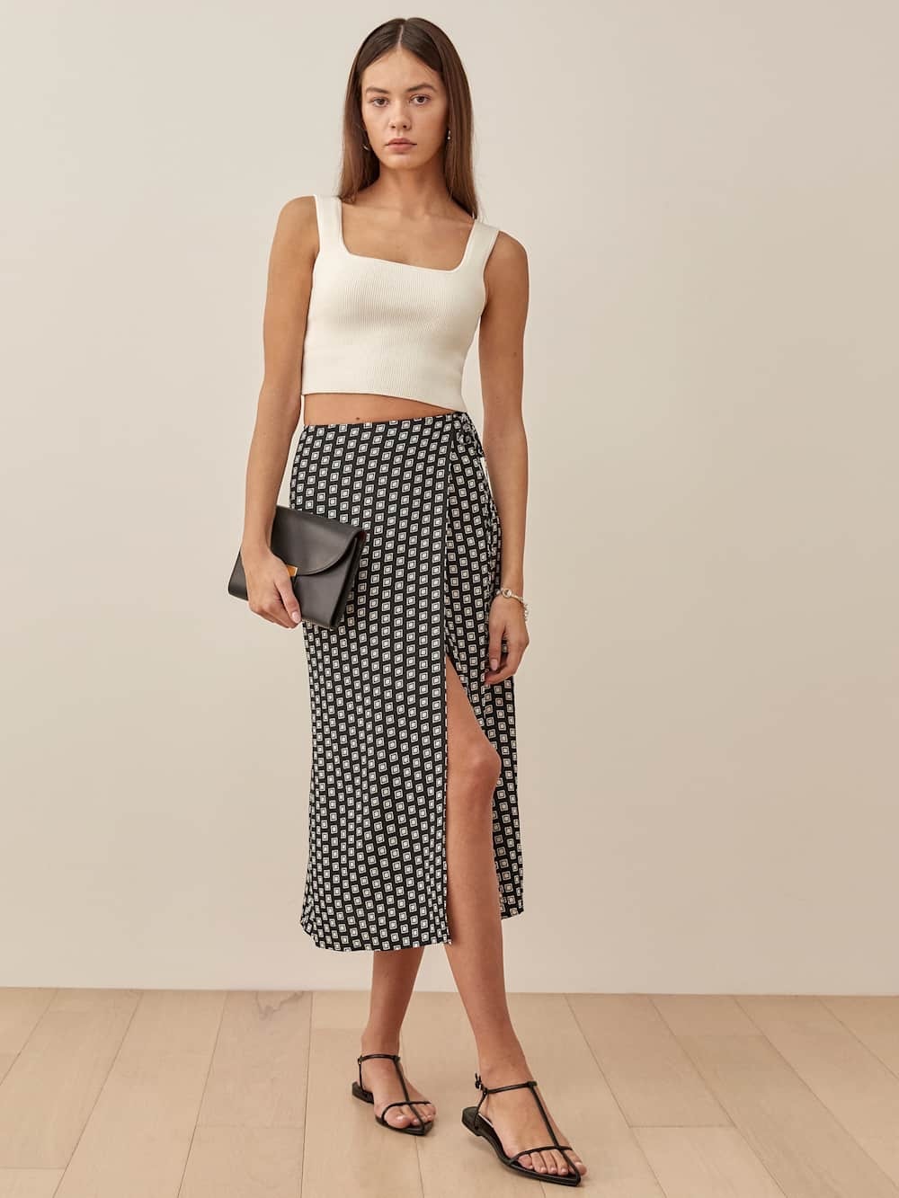 Reformation Kara Black & White Printed Midi Skirt with Side Slit Size 4